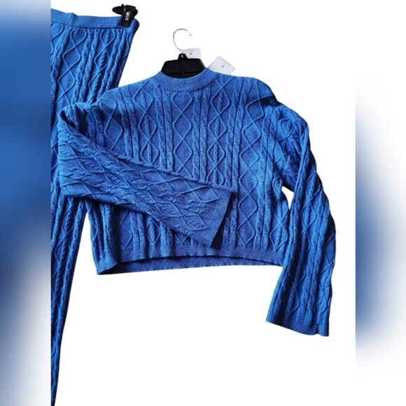 Cable Knit Passion Blue Pantsuit Loungewear Sweater Set Sz M - Picture 5 of 9